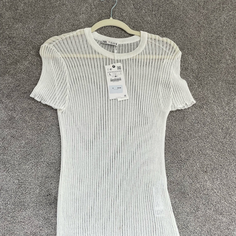 Zara White Ribbed Sheer Tee